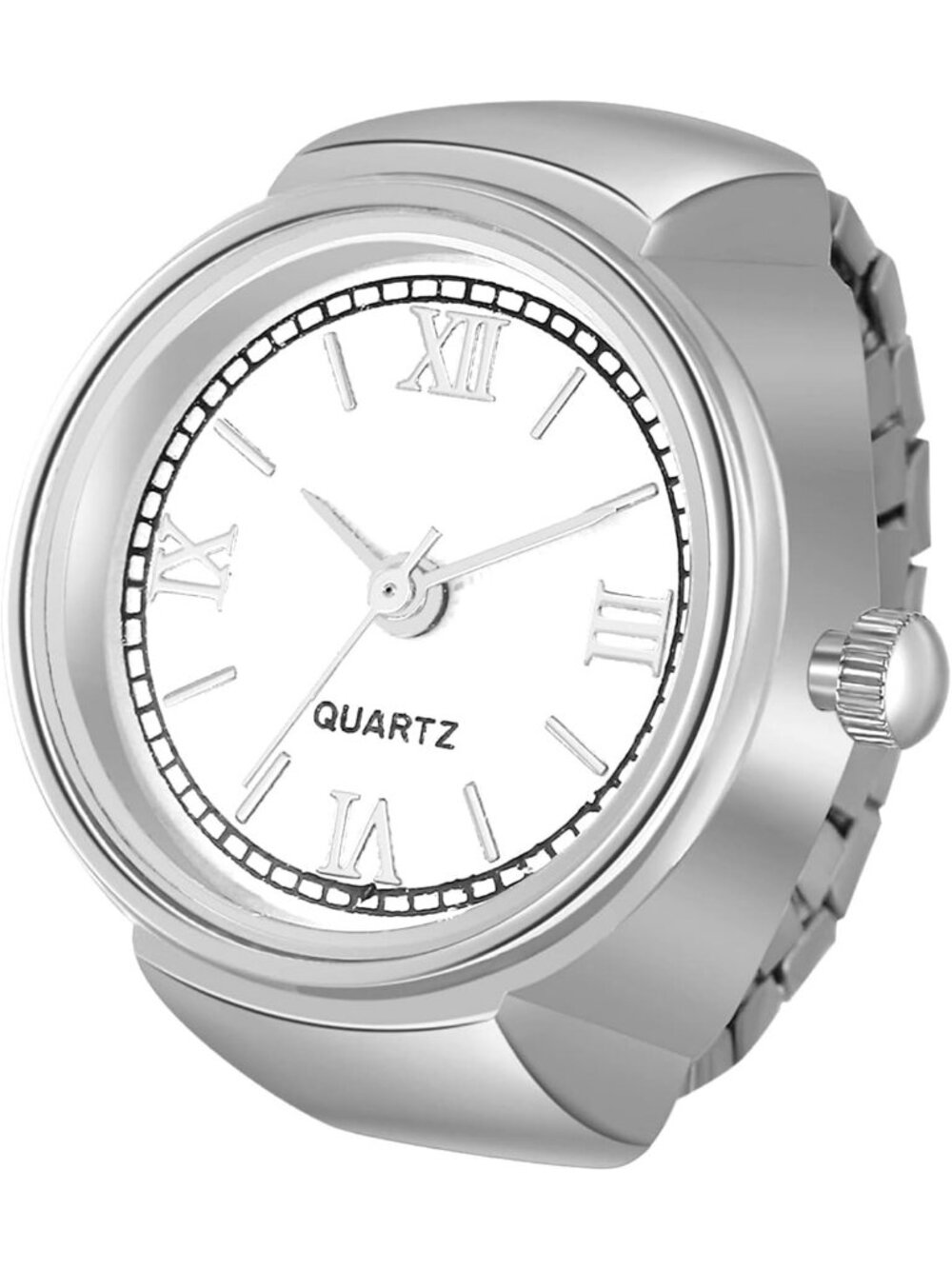 Women's Silver Quartz Stretchy Band Elastic Round Simple Dial Finger Ring Watch